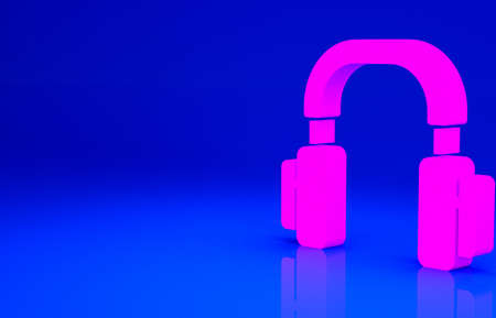 Pink Headphones icon isolated on blue background. Earphones. Concept for listening to music, service, communication and operator. Minimalism concept. 3d illustration 3D renderの写真素材