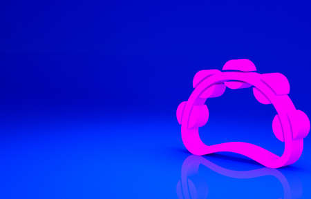 Pink Musical instrument percussion tambourine, with metal plates icon isolated on blue background. Minimalism concept. 3d illustration 3D renderの写真素材