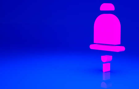 Pink Ringing alarm bell icon isolated on blue background. Fire alarm system. Service bell, handbell sign, notification symbol. Minimalism concept. 3d illustration 3D renderの写真素材