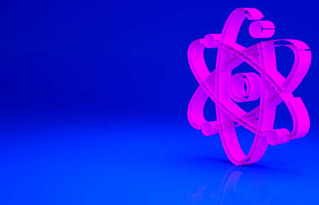 Pink Atom icon isolated on blue background. Symbol of science, education, nuclear physics, scientific research. Minimalism concept. 3d illustration 3D renderの写真素材
