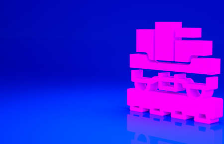 Pink Cargo train wagon icon isolated on blue background. Full freight car. Railroad transportation....