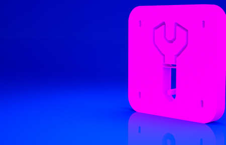 Pink Repair of railway icon isolated on blue background. Repair works. Renovation work. Sign and barrier tapes. Minimalism concept. 3d illustration 3D renderの写真素材