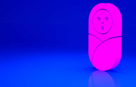 Pink Newborn baby infant swaddled or swaddling icon isolated on blue background. Baby kid child wrapped in blanket clothes. Minimalism concept. 3d illustration 3D renderの写真素材