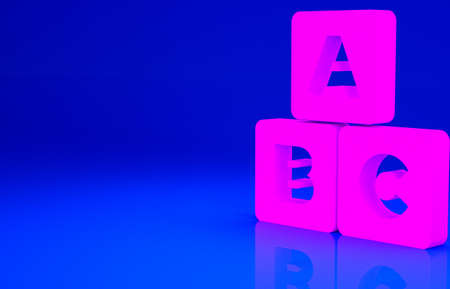 Pink ABC blocks icon isolated on blue background. Alphabet cubes with letters A,B,C. Minimalism concept. 3d illustration 3D renderの写真素材