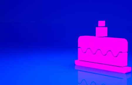 Pink Cake with burning candles icon isolated on blue background. Happy Birthday. Minimalism concept. 3d illustration 3D renderの写真素材