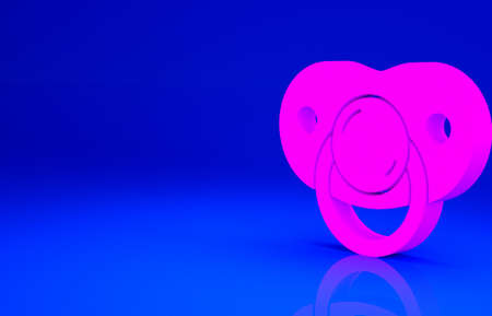 Pink Baby dummy pacifier icon isolated on blue background. Toy of a child. Minimalism concept. 3d illustration 3D renderの写真素材