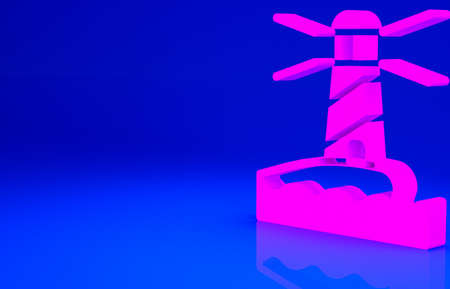 Pink Lighthouse icon isolated on blue background. Minimalism concept. 3d illustration 3D renderの写真素材
