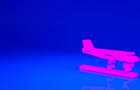 Pink Plane icon isolated on blue background. Flying airplane icon. Airliner sign. Minimalism...