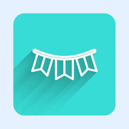 White line Carnival garland with flags icon isolated with long shadow. Party pennants for birthday celebration, festival decoration. Green square button. Vectorのイラスト素材