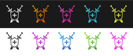 Set Medieval shield with crossed swords icon isolated on black and white background. Vectorのイラスト素材