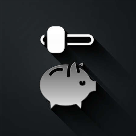 Silver Piggy bank and hammer icon isolated on black background. Icon saving or accumulation of money, investment. Long shadow style. Vectorのイラスト素材