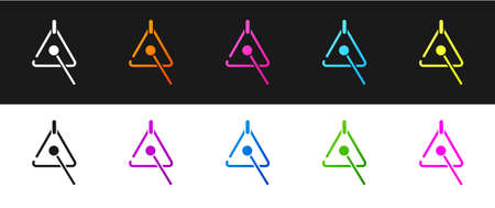 Set Triangle musical instrument icon isolated on black and white background. Vector