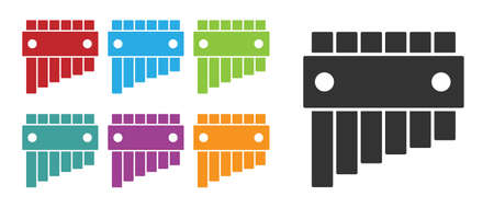 Black Pan flute icon isolated on white background. Traditional peruvian musical instrument. Folk instrument from Peru, Bolivia and Mexico. Set icons colorful. Vectorのイラスト素材