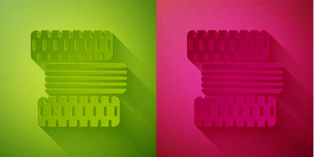 Paper cut Car tire wheel icon isolated on green and pink background. Paper art style. Vector Illustrationのイラスト素材