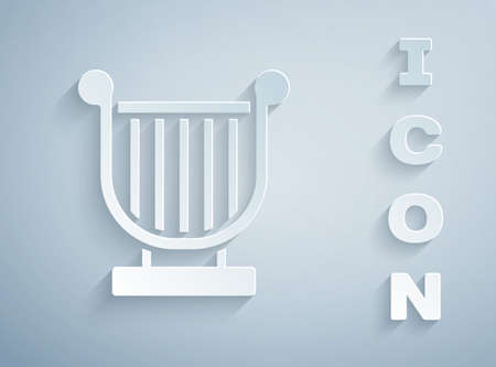 Paper cut Ancient Greek lyre icon isolated on grey background. Classical music instrument, orhestra string acoustic element. Paper art style. Vectorのイラスト素材