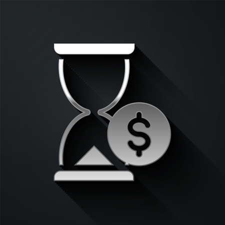 Silver Hourglass with dollar icon isolated on black background. Money time. Sandglass and money....