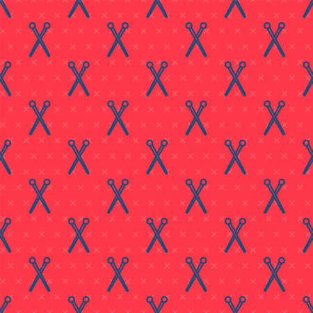 Blue line Knitting needles icon isolated seamless pattern on red background. Label for hand made,...