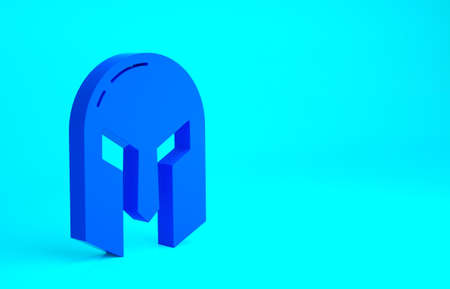 Blue Medieval iron helmet for head protection icon isolated on blue background. Minimalism concept....