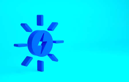 Blue Solar energy panel icon isolated on blue background. Sun with lightning symbol. Minimalism concept. 3d illustration 3D renderの写真素材