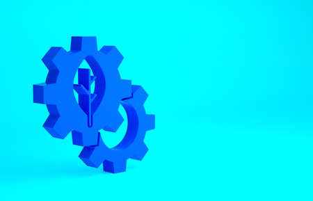 Blue Leaf plant ecology in gear machine icon isolated on blue background. Eco friendly technology. World Environment day label. Minimalism concept. 3d illustration 3D renderの写真素材