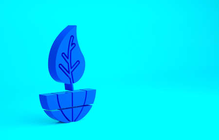 Blue Earth globe and leaf icon isolated on blue background. World or Earth sign. Geometric shapes. Environmental concept. Minimalism concept. 3d illustration 3D renderの写真素材