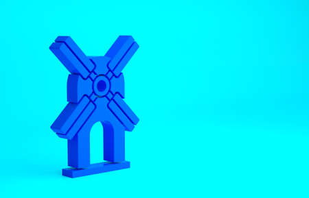 Blue Wind turbine icon isolated on blue background. Wind generator sign. Windmill for electric power...