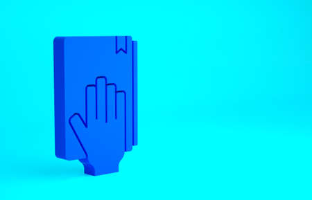 Blue Oath on the Holy Bible icon isolated on blue background. The procedure in court. Truth and truth. Promise before god. Minimalism concept. 3d illustration 3D renderの写真素材