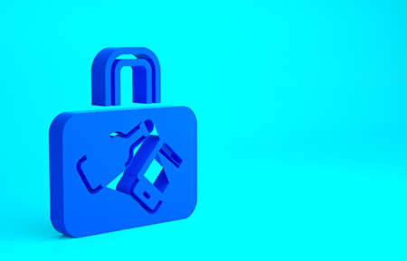 Blue Suitcase for travel icon isolated on blue background. Traveling baggage sign. Travel luggage icon. Minimalism concept. 3d illustration 3D renderの写真素材