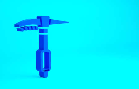 Blue Ice axe icon isolated on blue background. Montain climbing equipment. Minimalism concept. 3d...