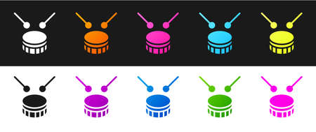 Set Drum with drum sticks icon isolated on black and white background. Music sign. Musical instrument symbol. Vectorのイラスト素材