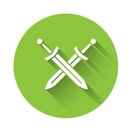White Crossed medieval sword icon isolated with long shadow. Medieval weapon. Green circle button. Vectorのイラスト素材