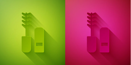 Paper cut Mascara brush icon isolated on green and pink background. Paper art style. Vectorのイラスト素材