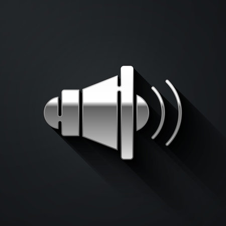 Silver Speaker volume, audio voice sound symbol, media music icon isolated on black background. Long shadow style. Vectorのイラスト素材