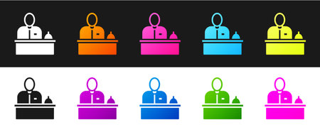 Set Receptionist standing at hotel reception desk icon isolated on black and white background. Vectorのイラスト素材