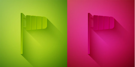 Paper cut Cone meteorology windsock wind vane icon isolated on green and pink background. Windsock indicate the direction and strength of the wind. Paper art style. Vectorのイラスト素材