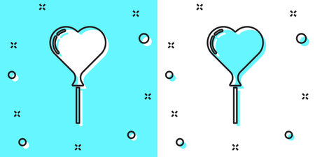 Black line Balloons in form of heart with ribbon icon isolated on green and white background. Random dynamic shapes. Vectorのイラスト素材