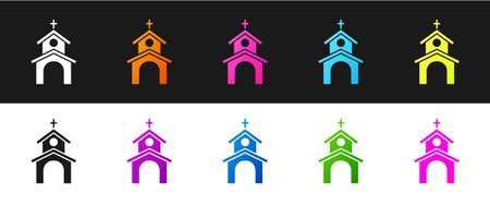 Set Church building icon isolated on black and white background. Christian Church. Religion of church. Vectorのイラスト素材