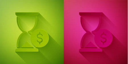 Paper cut Hourglass with dollar icon isolated on green and pink background. Money time. Sandglass and money. Growth, income, savings, investment. Paper art style. Vectorのイラスト素材