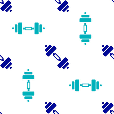 Blue Dumbbell icon isolated seamless pattern on white background. Muscle lifting icon, fitness barbell, gym, sports equipment, exercise bumbbell. Vectorのイラスト素材