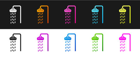 Illustration pour Set Shower head with water drops flowing icon isolated on black and white background. Vector - image libre de droit