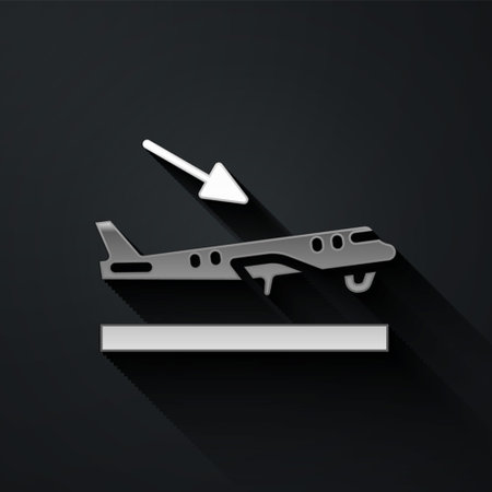 Silver Plane landing icon isolated on black background. Airplane transport symbol. Long shadow style. Vectorのイラスト素材