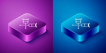Isometric Crutch or crutches icon isolated on blue and purple background. Equipment for rehabilitation of people with diseases of musculoskeletal system. Square button. Vectorのイラスト素材