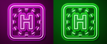 Glowing neon line Helicopter landing pad icon isolated on purple and green background. Helipad, area, platform, H letter. Vectorのイラスト素材