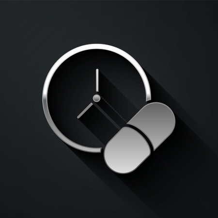 Silver Medicine pill or tablet icon isolated on black background. Capsule pill and drug sign....