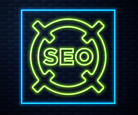 Glowing neon line SEO optimization icon isolated on brick wall background. Vectorのイラスト素材