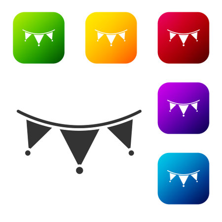 Black Carnival garland with flags icon isolated on white background. Party pennants for birthday celebration, festival decoration. Set icons in color square buttons. Vectorのイラスト素材