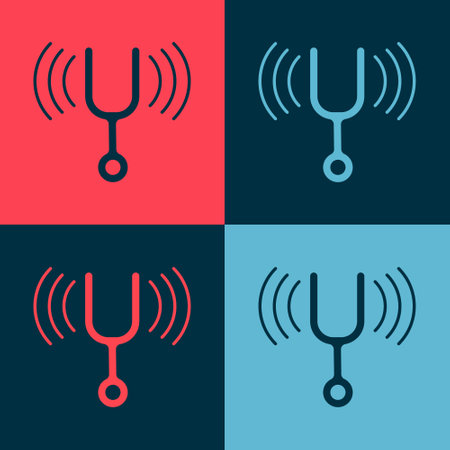 Pop art Musical tuning fork for tuning musical instruments icon isolated on color background. Vectorのイラスト素材