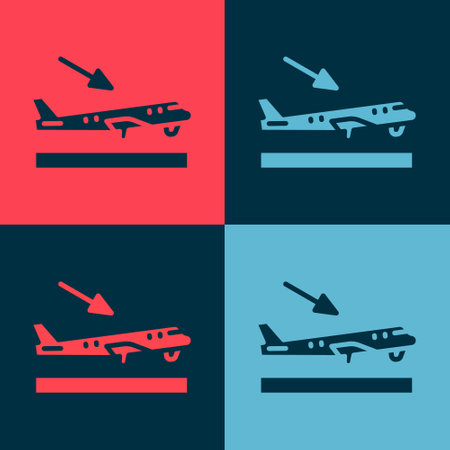 Pop art Plane landing icon isolated on color background. Airplane transport symbol. Vectorのイラスト素材