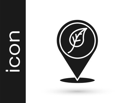 Black Location with leaf icon isolated on white background. Eco energy concept. Alternative energy concept. Vectorのイラスト素材