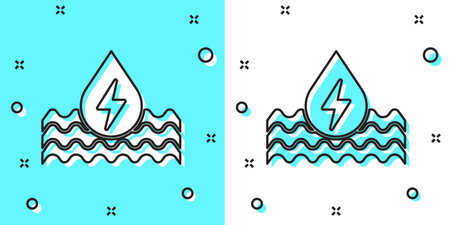 Black line Water energy icon isolated on green and white background. Ecology concept with water droplet. Alternative energy concept. Random dynamic shapes. Vectorのイラスト素材
